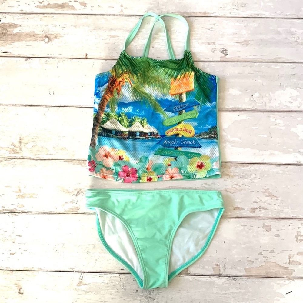 Girls 7/8 Swimsuit Mint Green 2 Piece Tankini Bikini Swim Suit Kids Size 7 8